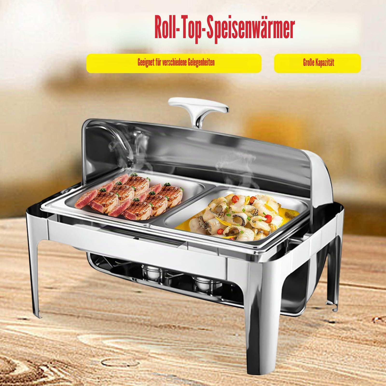 9l Edelstahl Speisenwärmer, Chafing Dish Mit Rolldeckel Speisenwärmer Warmhaltebehälter, Heizplatten Aus Rostfreiem Stahl für Catering Buffet und Party (635 X 440 X 440 mm)