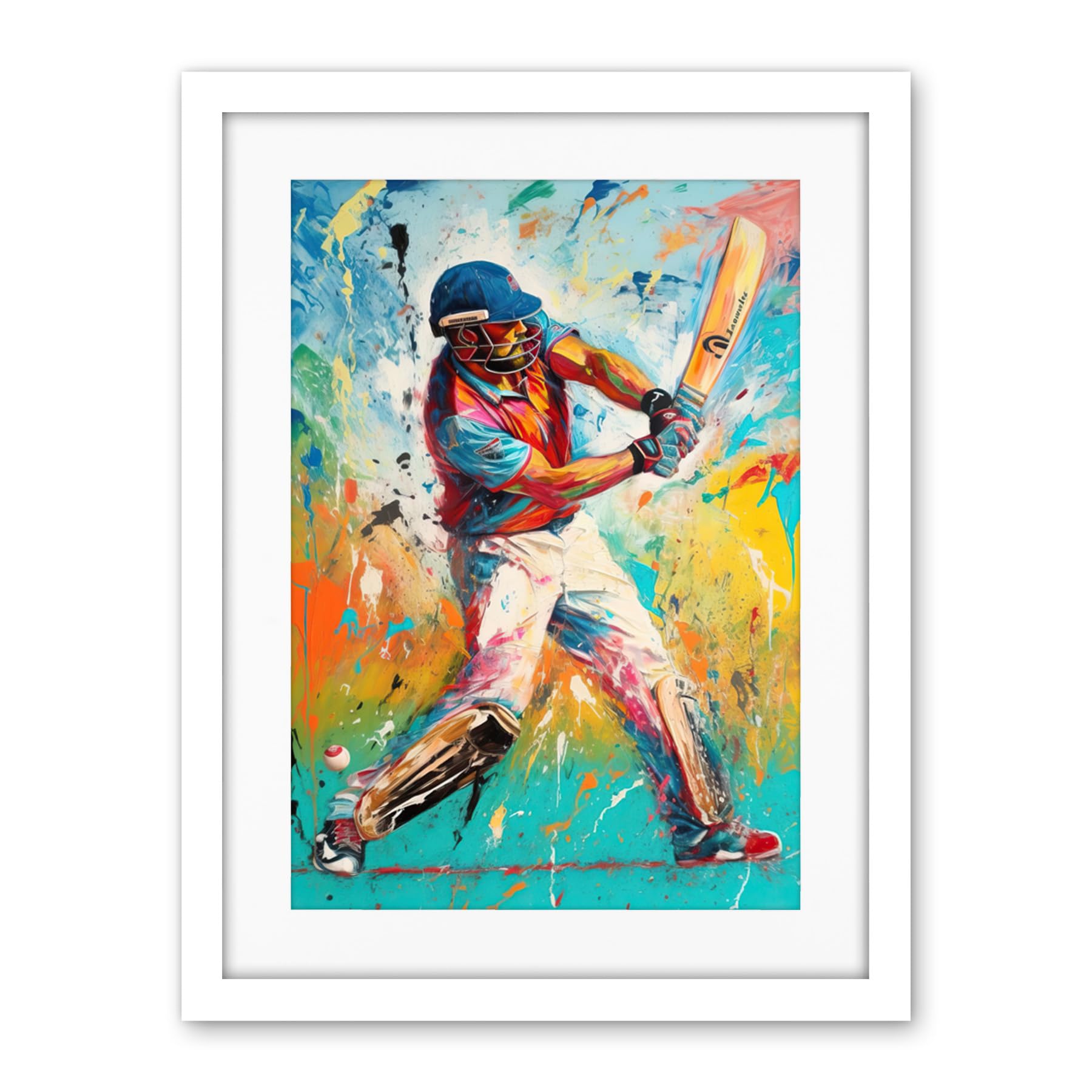 Artery8 Cricket Shot Vibrant Cricketer Batsman Portrait Artwork Framed Wall Art Print 18X24 Inch