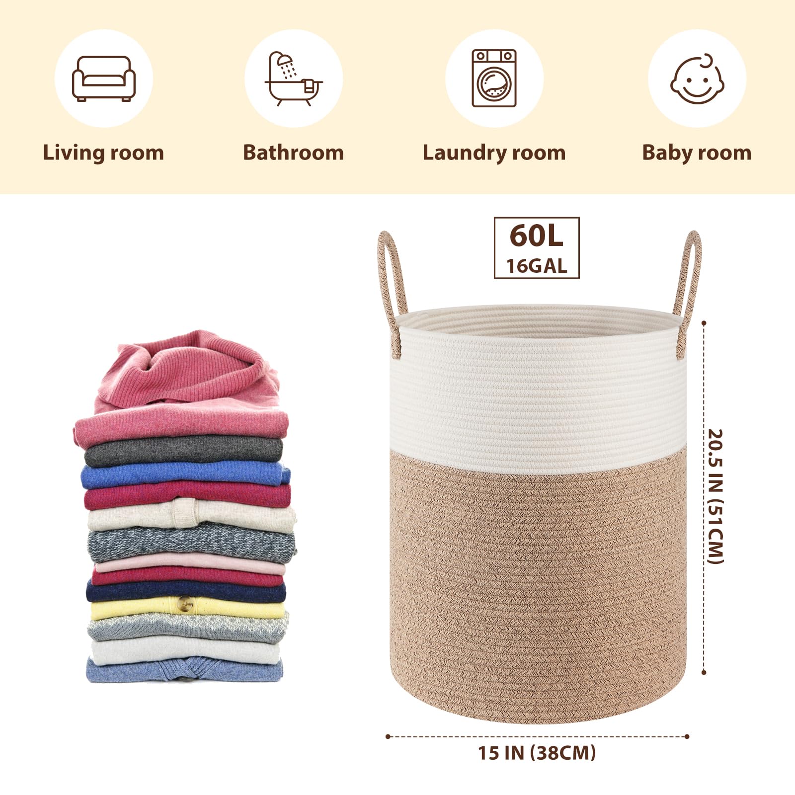 Close-up of the OIAHOMY laundry hamper's sturdy woven cotton rope handles.