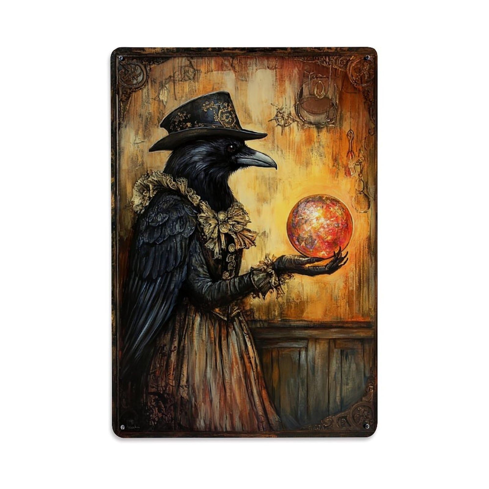 Jdfenggu Vintage Steampunk Raven Holding Crystal Ball Retro Metal Tin Sign, Decor Art Poster For Bar, Home, Man Cave, Kitchen, Laundry Room Gift 8X12inch