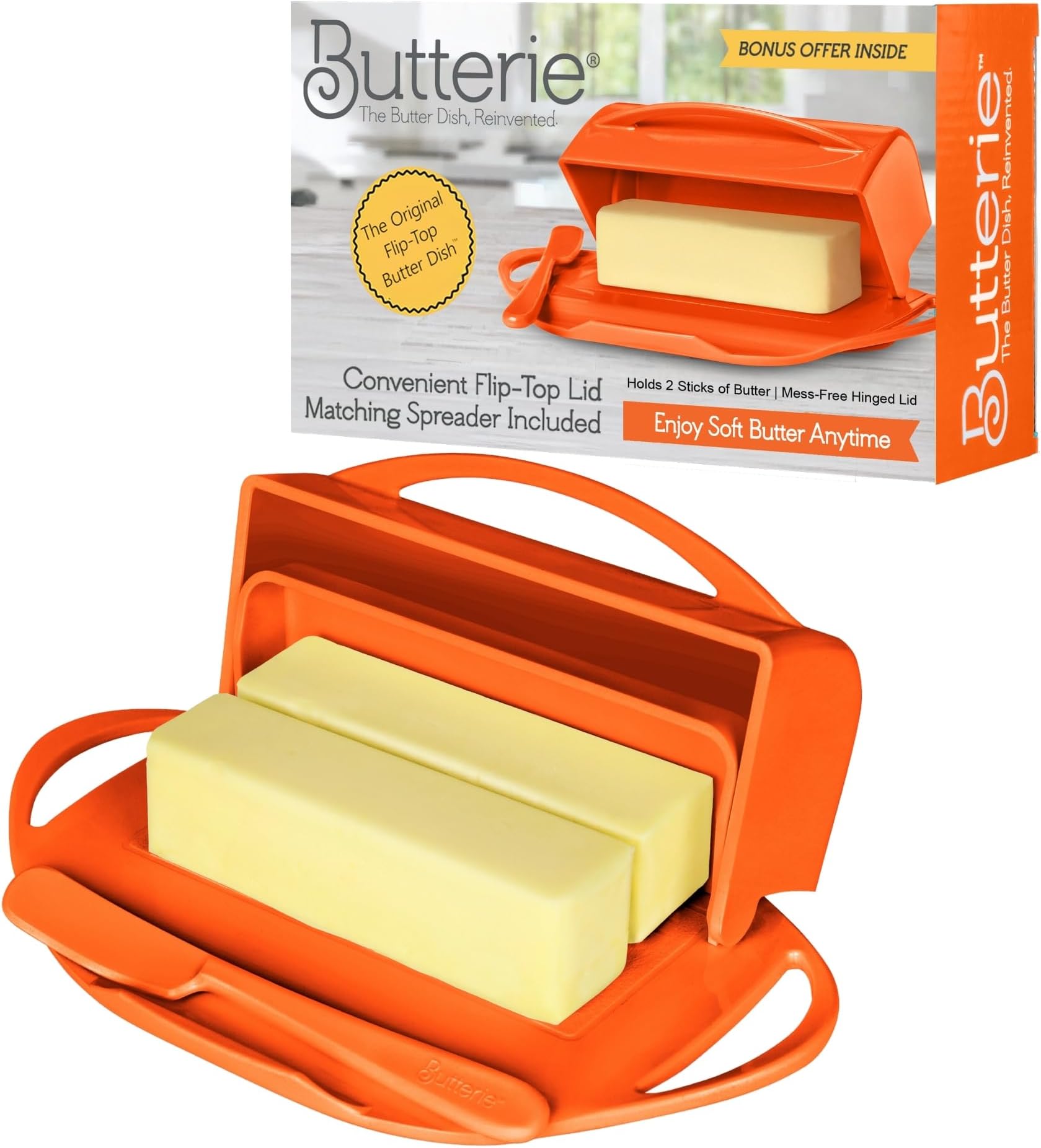 Butterie Flip Top Butter Dish with Attached Lid & Matching Knife - Holds 2 Sticks, Fits Kerrygold/European Butter - BPA Free & Dishwasher Safe - Orange