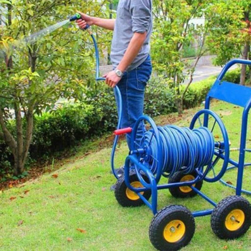 Decorative Garden Hose Reel Cart With Four Wheels, Large 25mm Water Pipe Storage Rack, Portable Car Wash Hose Set, Retro Style(Hose reel-50M pipe)