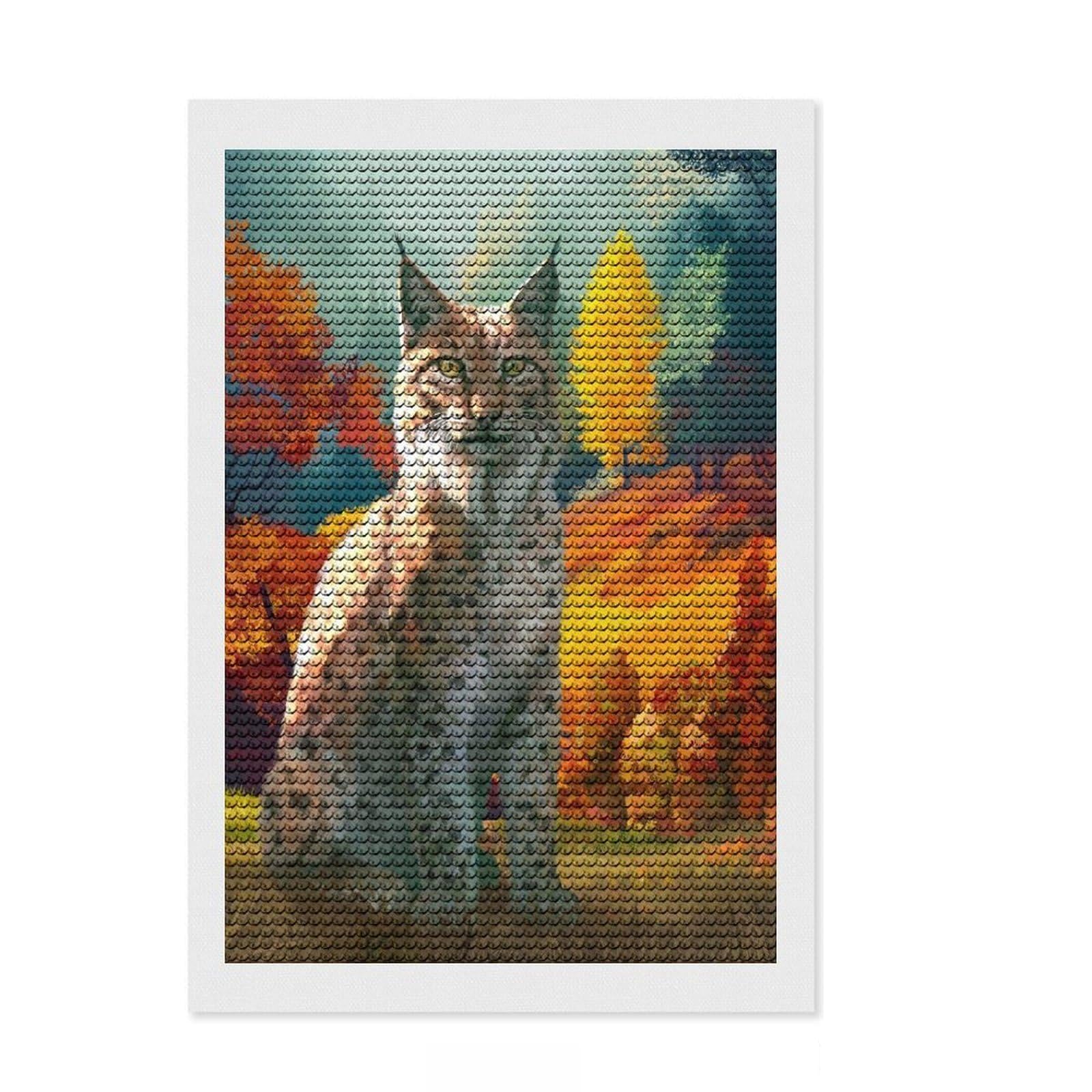 Junmoney Autumn Lynx Diamond Painting Canvas Set 8"x12", Relaxing DIY Hobby, Living Room Decor, for Teens, Holiday Gift Idea