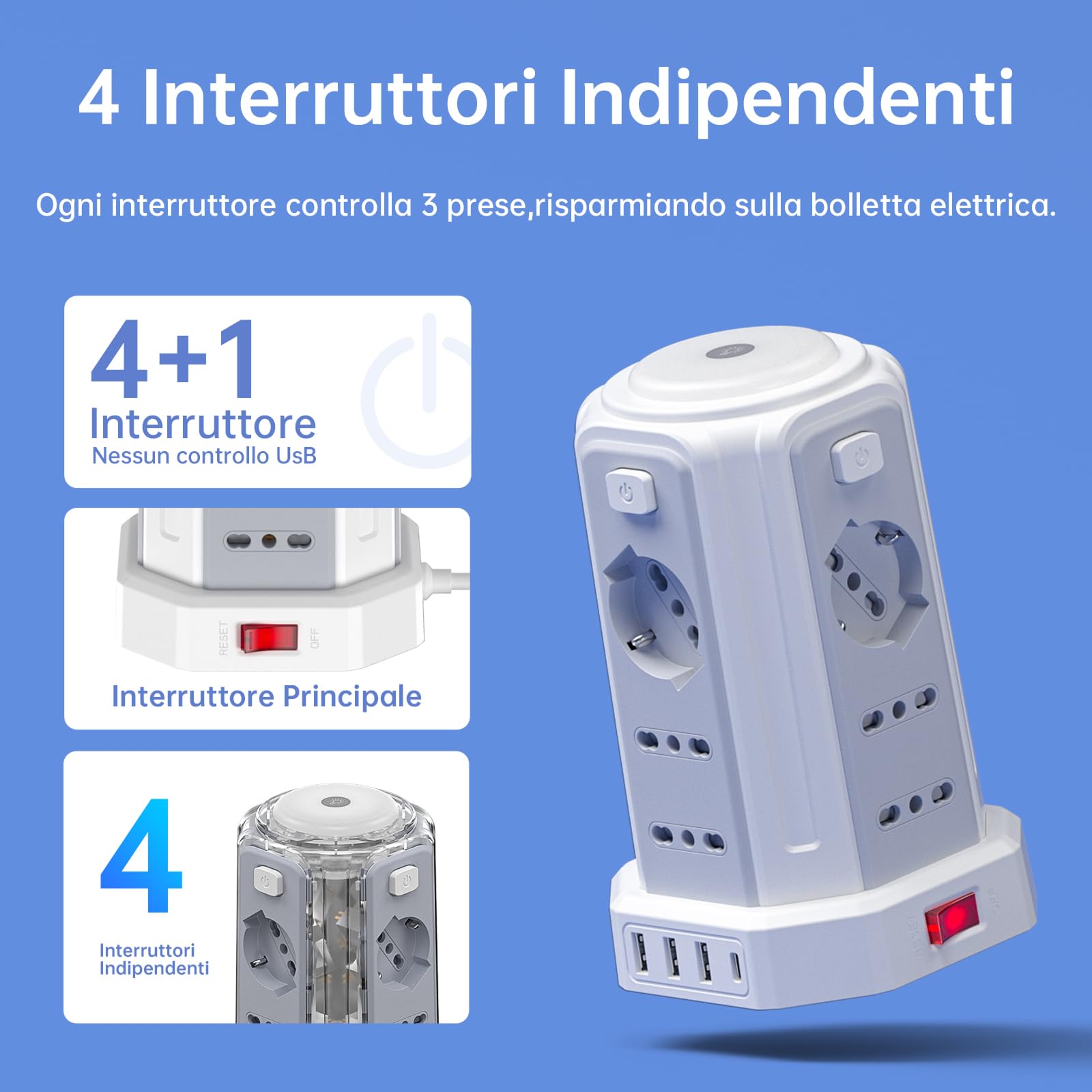 Regleta eléctrica con luz nocturna, 12 tomas universales 10/16 A ITA y Schuko y 3 USB A+1 USB C protección contra sobretensión con 4 interruptores independientes para la oficina, la casa
