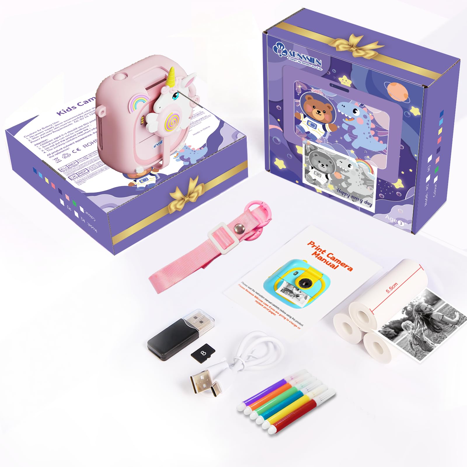 ARNSSIEN Camara Fotos Infantil Instantanea,2.4" Camara Fotos Infantil con 1080P & 180° Lente & 8 GB, Regalo Navidad/Cumpleaños para Niños & Niñas, M2