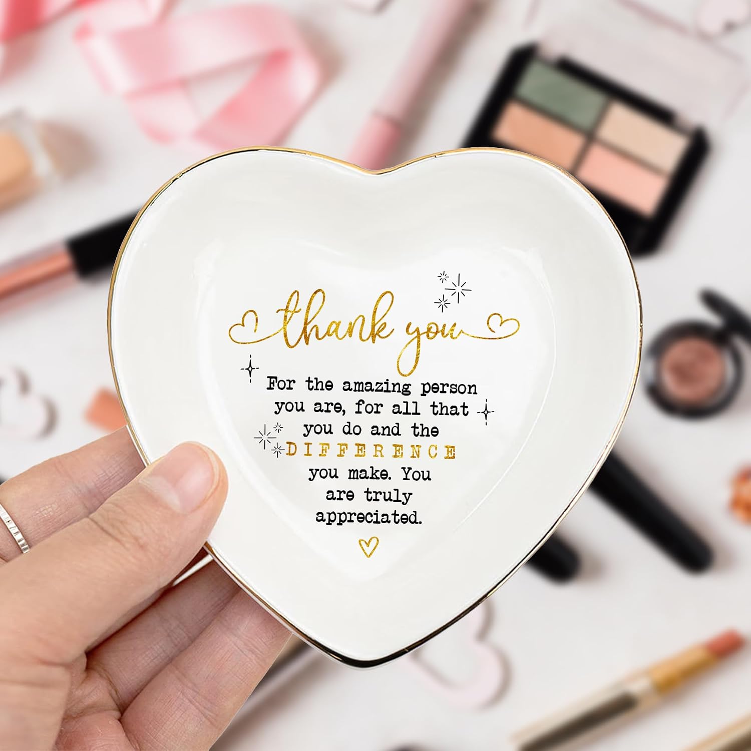 Thank You Heart Trinket Dish – Gold Rim Ceramic Jewelry Tray Appreciation Gift for Teacher, Coworker, Friend, Nurse, Boss – Decorative Ring Holder, Jewelry Catchall, Gratitude Gift