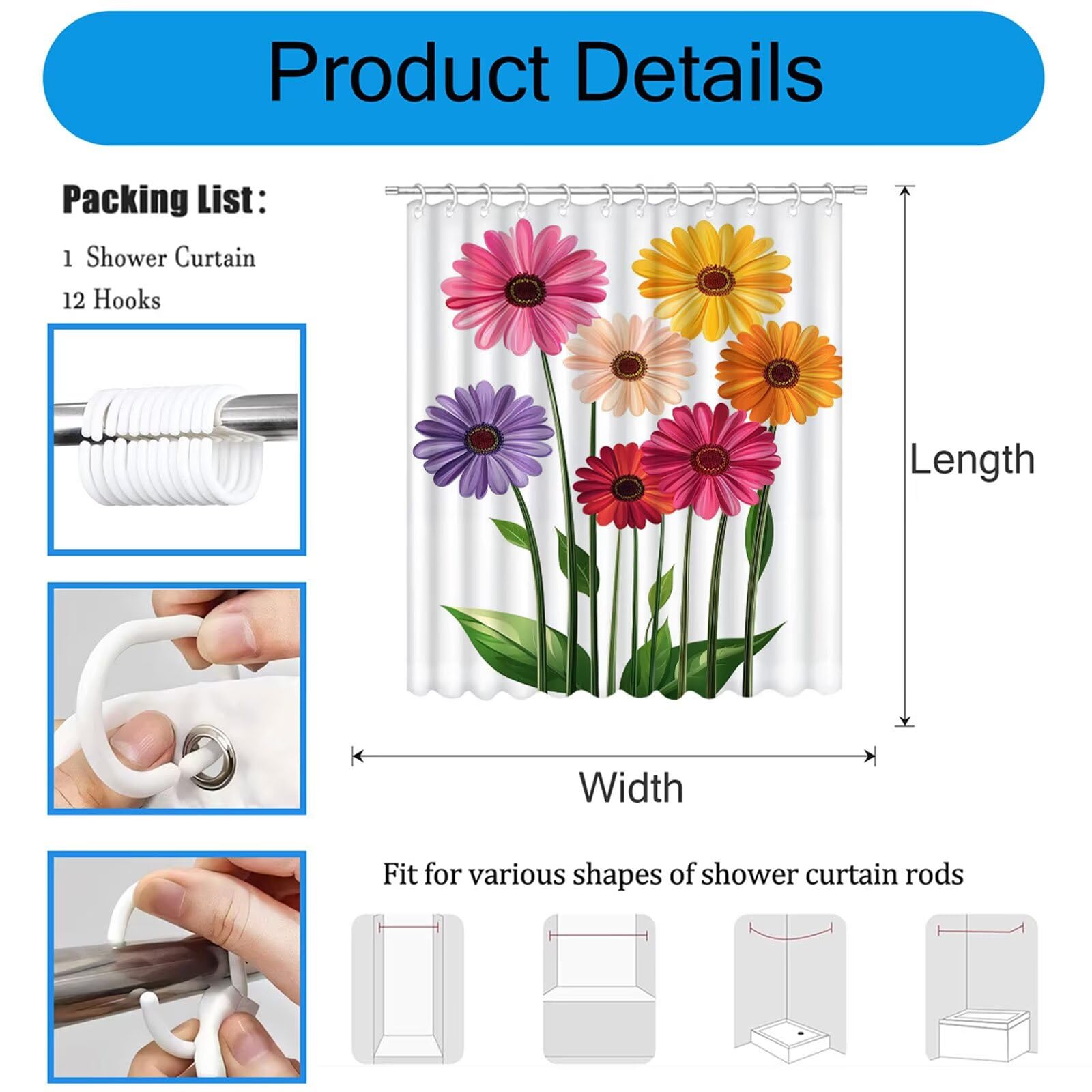 Cortina de Ducha Blanco Cortina Ducha, Antimoho, Tela Impermeable Poliéster, Shower Curtain 200x220 cm con 12 Ganchos y Dobladillo Ponderado, Shower Curtain Lavable para Baño o Bañera, Flor 3Y#167