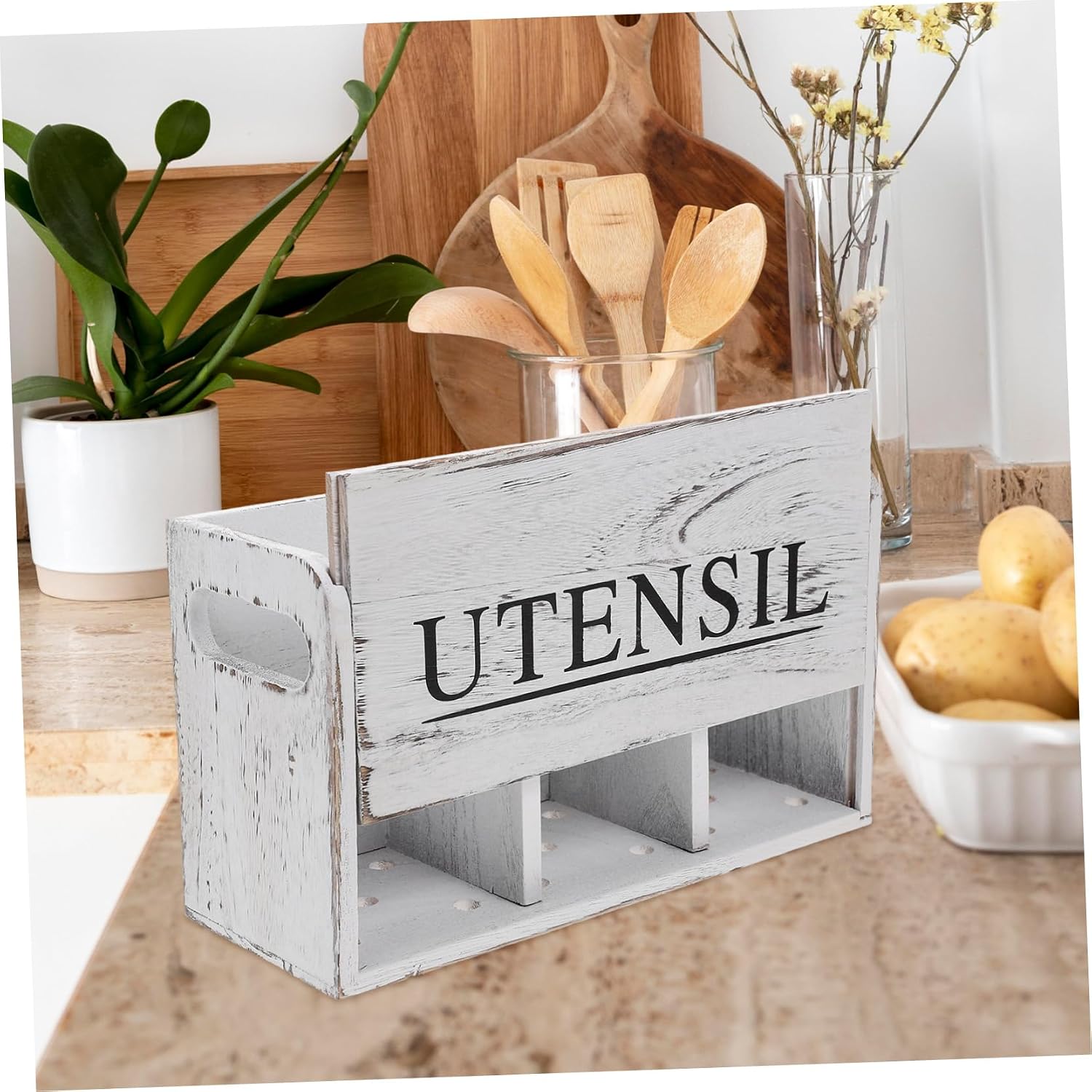 Wooden Kitchen Countertop Utensil Holder Utensil Organizer Cutlery Silverware Storage Farmhouse Style Organizer
