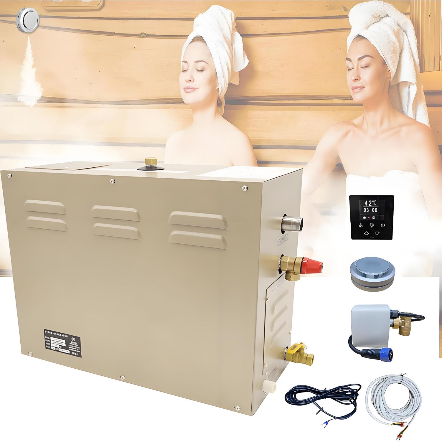 GLBMXDD Small Stainless Steel Sauna Steam Machine,Shower System Home Steam Bath Spa Generator,30 min to 12 Hours with Auto Drain 95-131℉,for Home Commercial Sauna/Shower/Bath/SPA 9KW