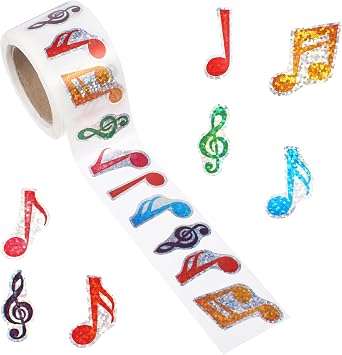 Music Note Stickers, 1 Roll 500 Pcs Holographic Musical Stickers Waterproof Self Adhesive Music Song Decals for Notebook Scrapbook Laptop Envelope Journal Bottles Cards Party Decor