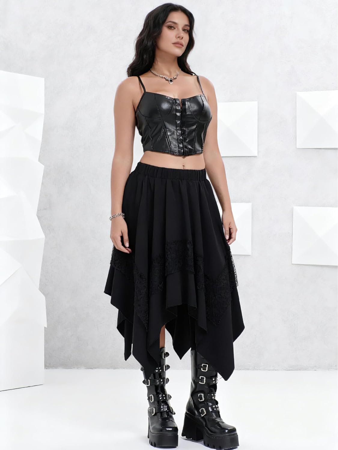 Women's Renaissance Flowy Asymmetrical Goth Midi Skirt Western Fairy Lace Layered Boho Steampunk Skirts - Image 5