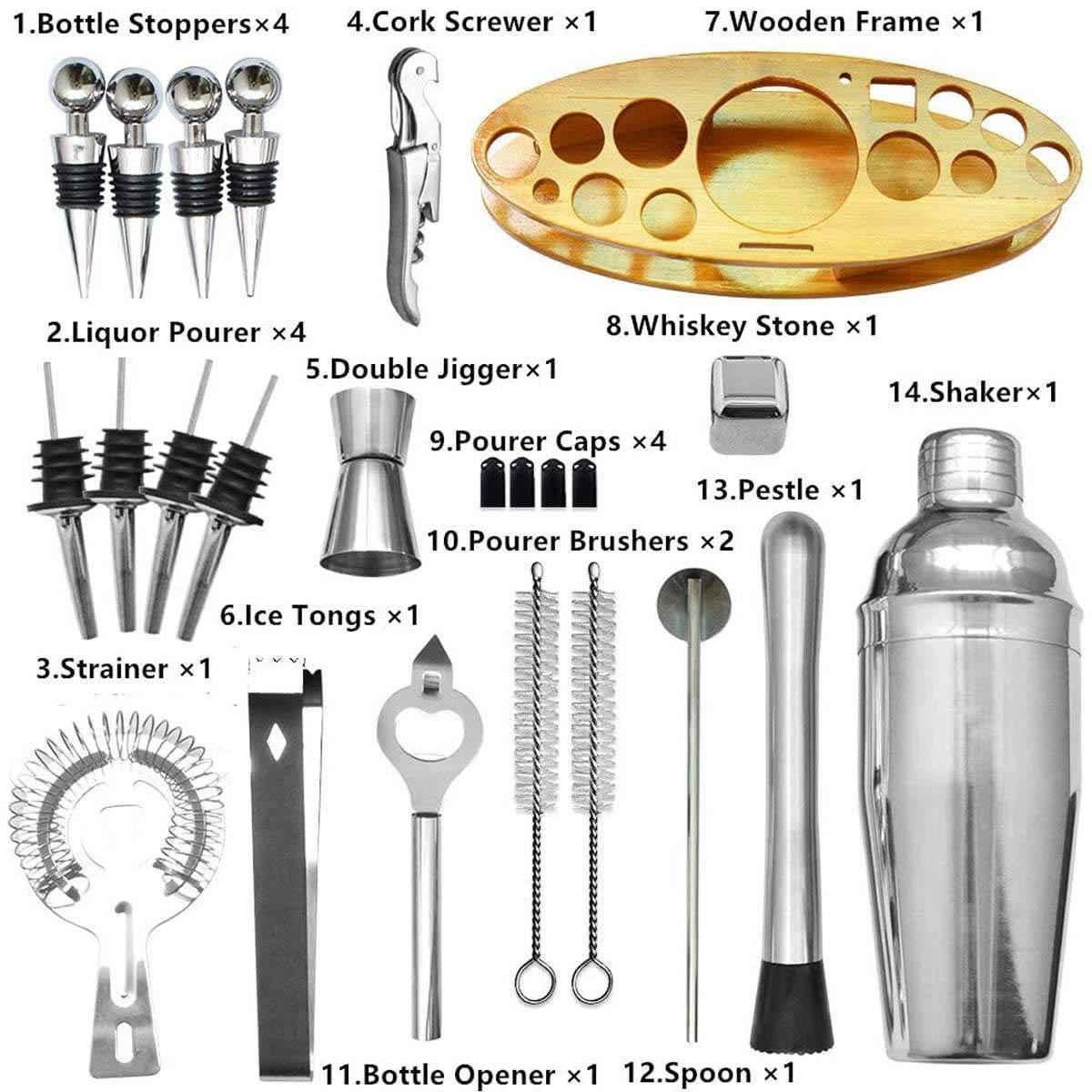 Coctel Shaker Bar Set Cocktail Making Kit con Estante De Madera Acero Inoxidable Bartender Tools Bar Mezter Maker Barware