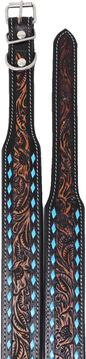 XSmall 9''- 13'' Turquoise Buckstitch Tooled Leather Padded Dog Collar 60FK70