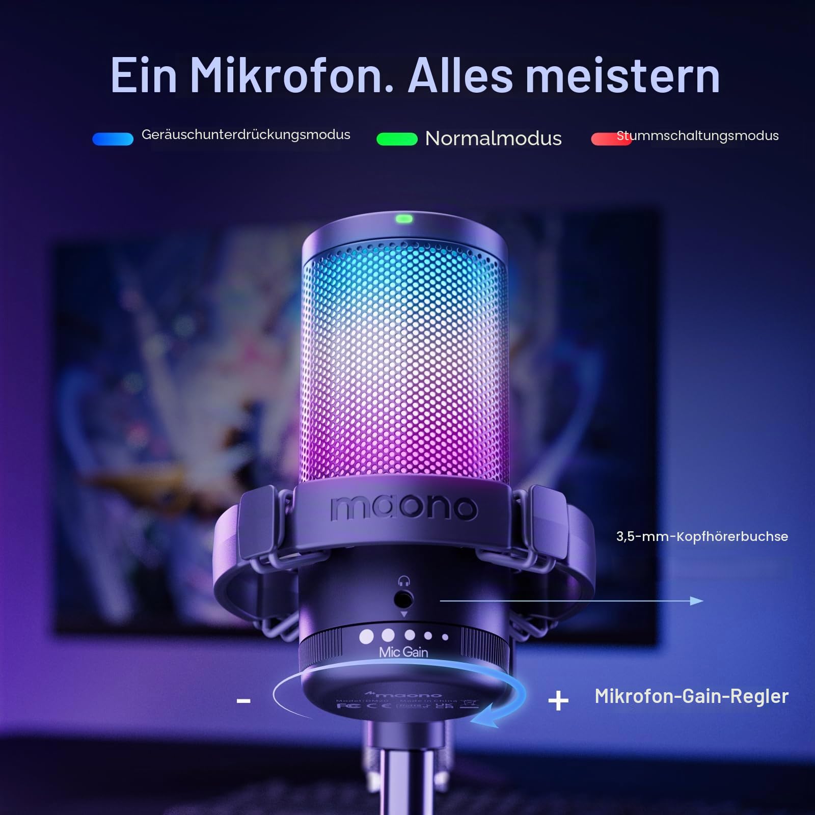 MAONO DGM20S Gaming USB Mikrofon, Noise Cancellation Kondensator Mic mit Mute, Gain, Monitoring, Galgenarm, Pop-Filter für Streaming, Podcast