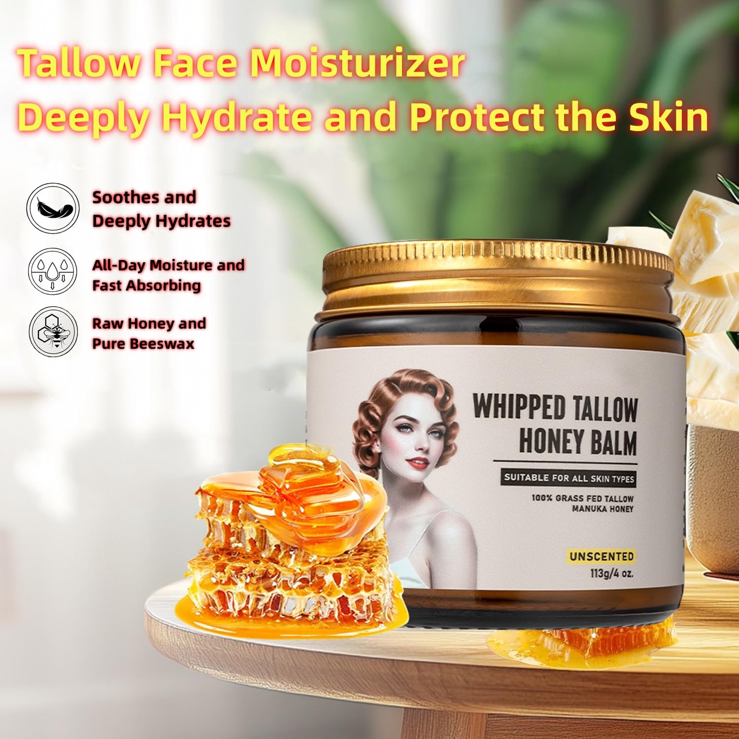 Blue Sea Sky Beef Tallow for Skin Handmade Whipped Beef Tallow for Face Body & Face Moisturizer with 100% Organic Grass-Fed Beef Tallow & Raw Wild Honey Natural Formula for Dry & Sensitive Skin