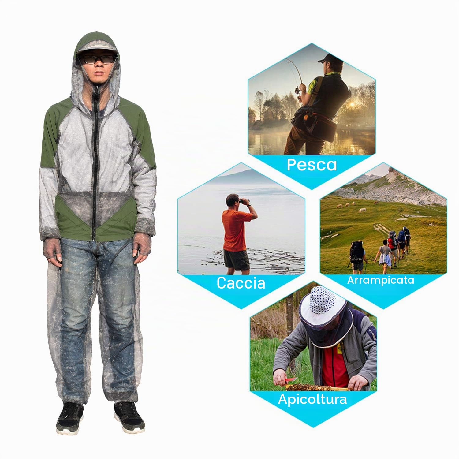 Lixada Abito Repellente per Zanzare Abiti con Cappuccio in Mesh Mosquito Prevenire Suit Giacca Bug per la Pesca A Caccia Campeggio, L/XL/XXL