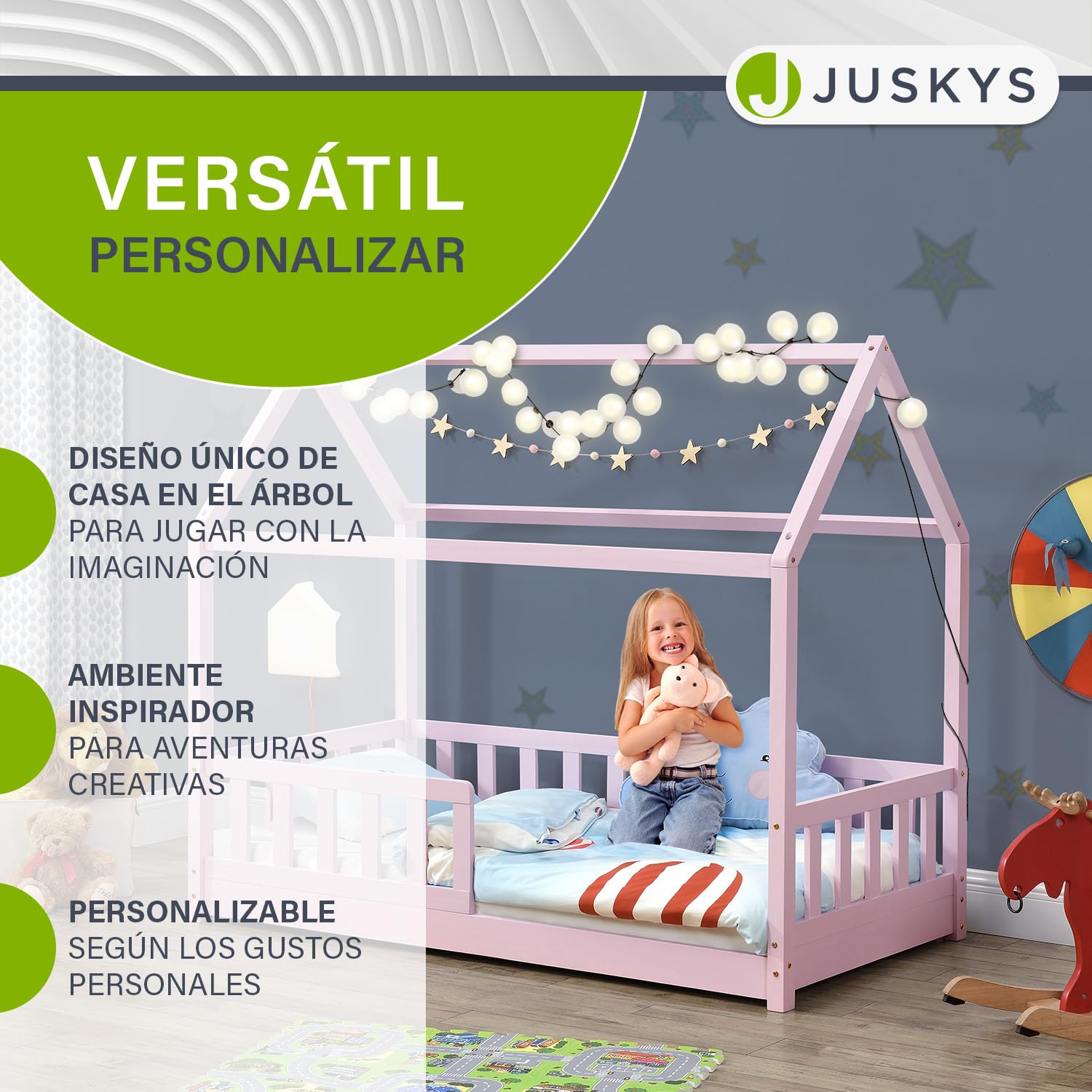 Juskys Cama Infantil Marli 80 x 160 cm con protección anticaída, somier y Techo - Cama casa de Madera Maciza para niños - Cama en Color Rosado