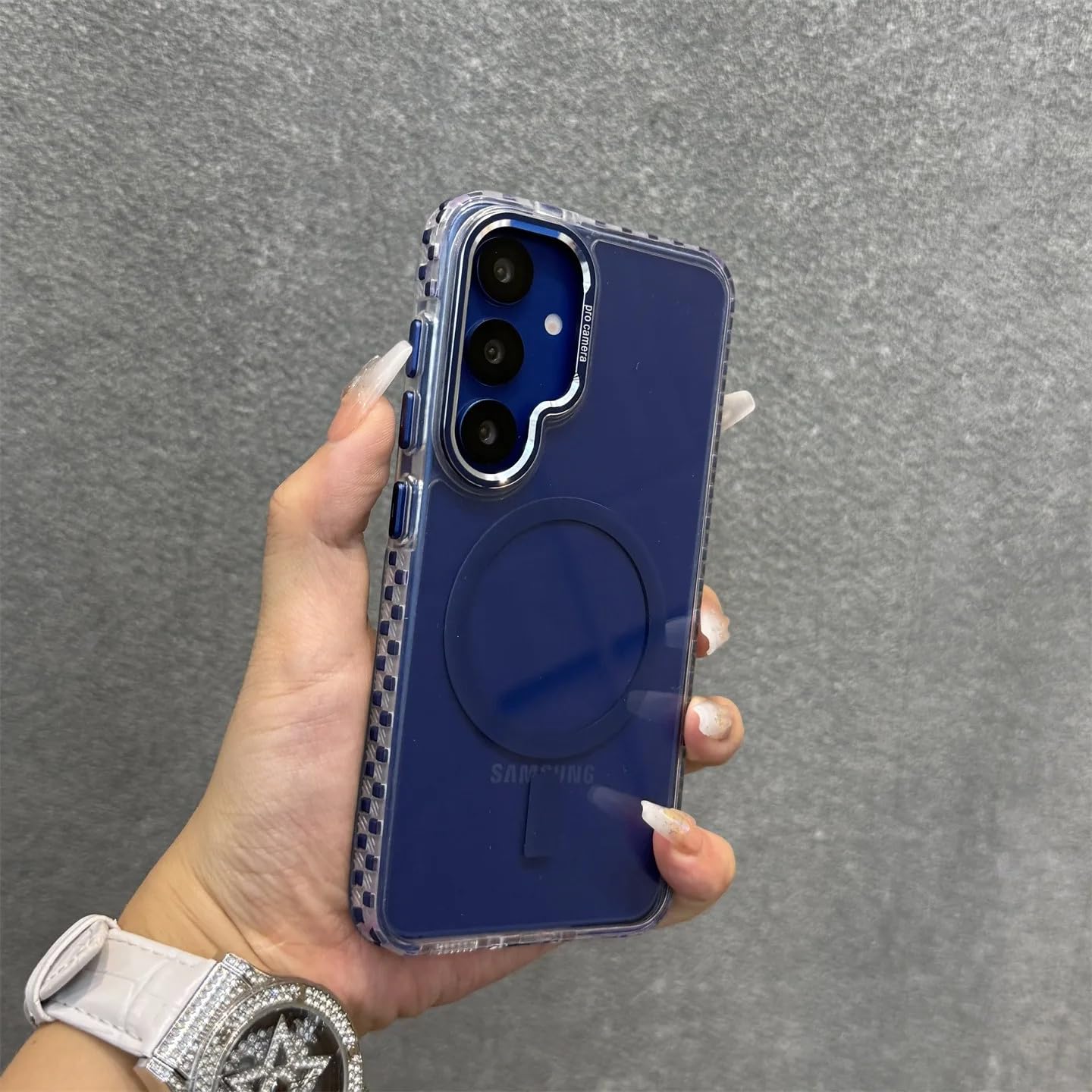 Coque rigide Samsung S25 anti-rayures avec bord bleu magnétique