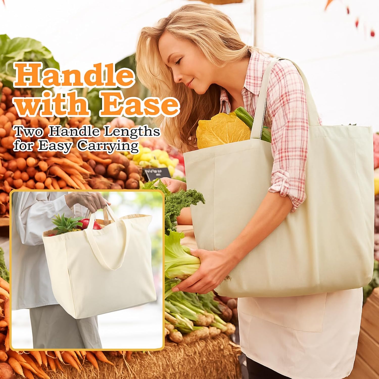 Paterr 6 Pcs Reusable Canvas Grocery Shopping Bag with Real Pockets XL Tote Bags for Groceries, Heavy Duty, Foldable and Washable Shopping Bags, Short and Long Handles