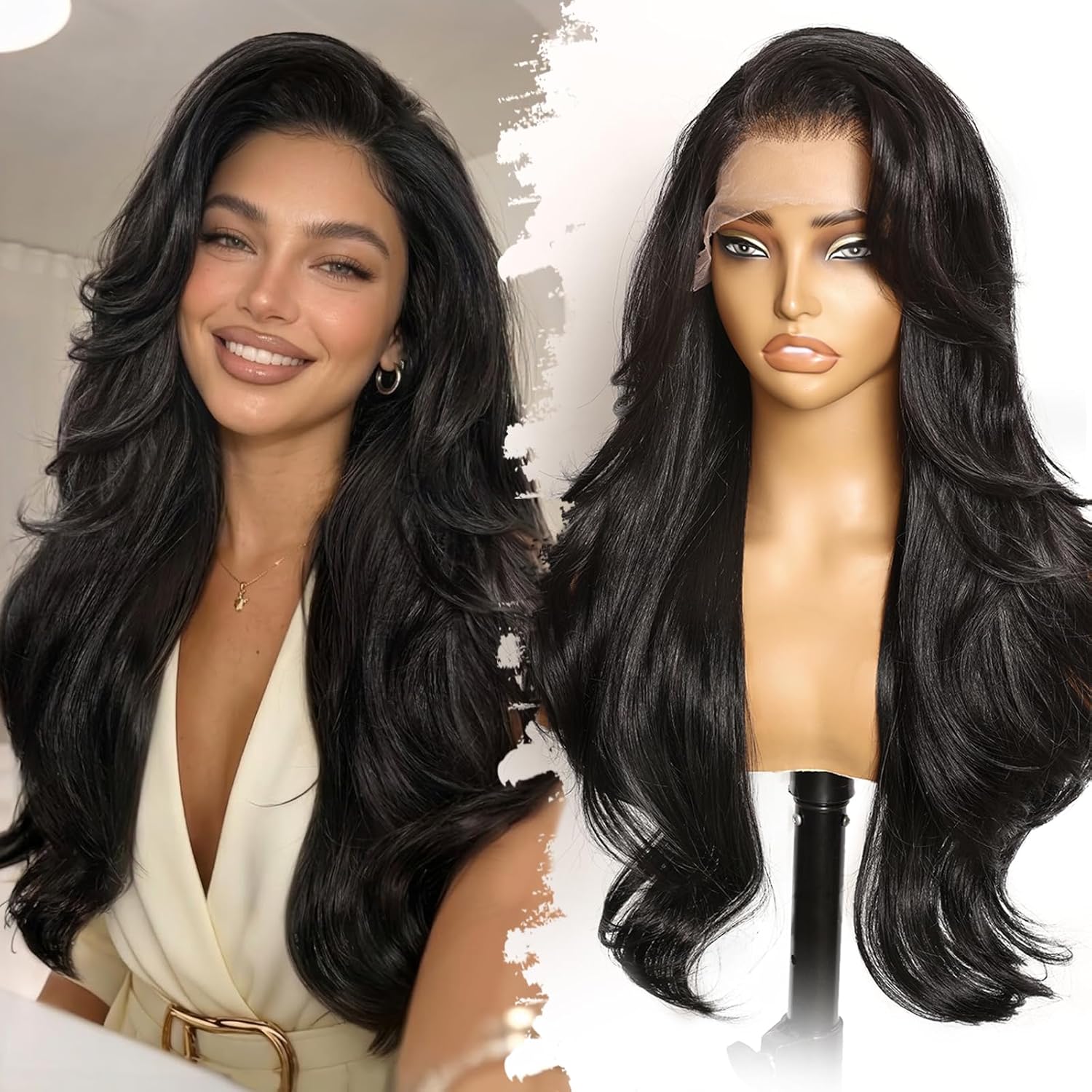 13x4 HD Lace Front Glueless Wigs for Women Black Long Layered Wave Wig Natural Hairline Heat Resistant Synthetic for Daily Use Beginner Friendly 26 Inch