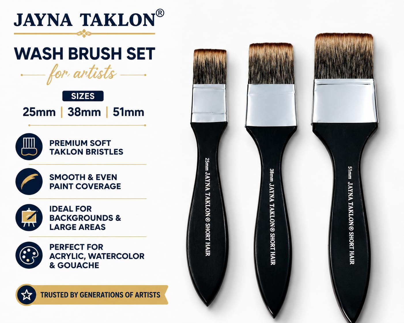 Premium Wash Brush Set for Artists (25mm, 38mm, 51mm