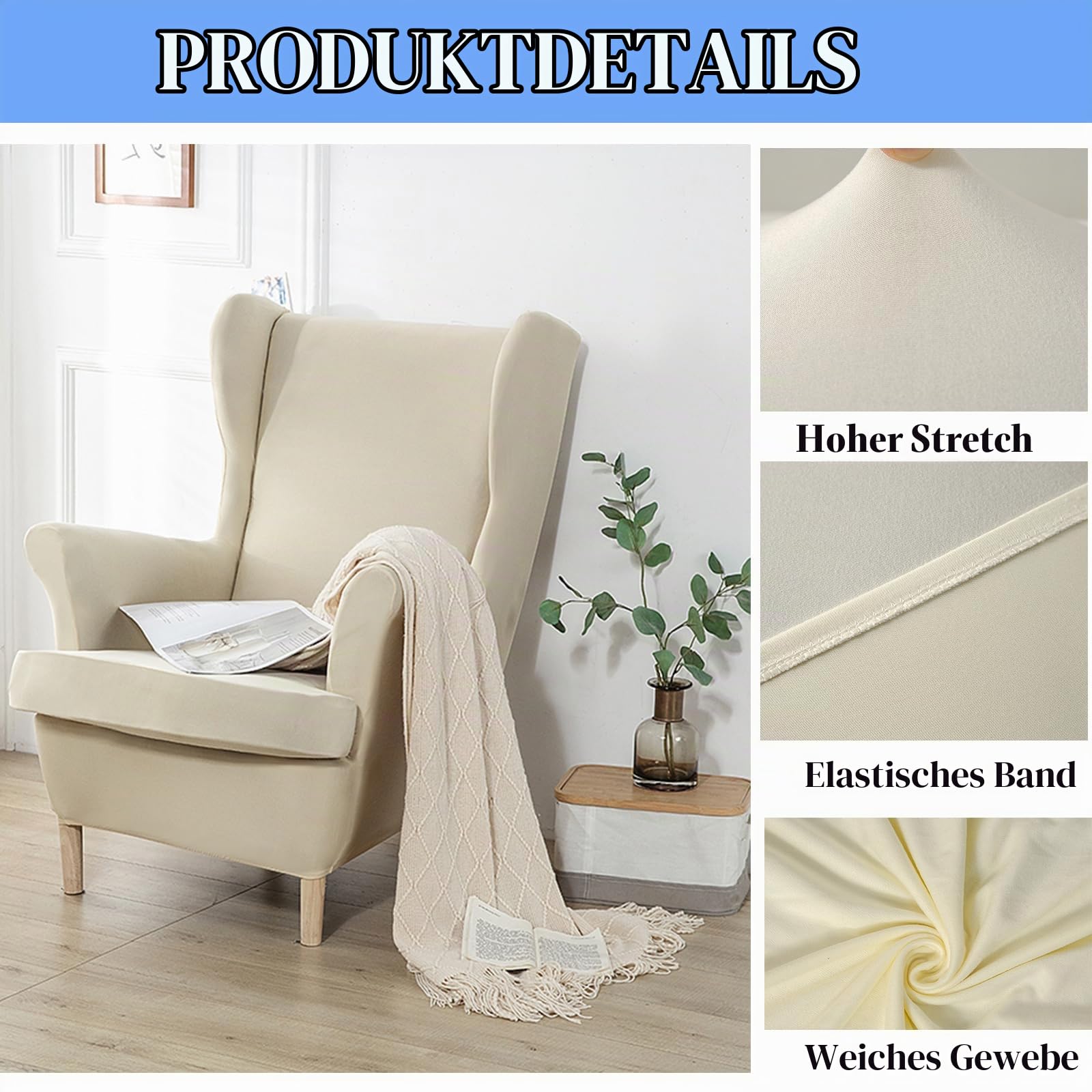 XINGYUEXUAN Ohrensessel Schonbezüge 2 Stück Stretch Flügel Stuhl Abdeckungen mit Armen Solid Farbe Flügel zurück Sessel Sofa Abdeckungen mit elastischen Boden für Wohnzimmer Schlafzimmer (beige)