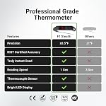 Thermomètre numérique professionnel de la viande, 1 Sec lecture instantanée, ±0.5℉ Thermomètre alimentaire certifié NIST&NSF avec précision, auto-rotation lumineuse LED Thermomètre de cuisson à l'écran, très étanche pour Grill BBQ, noir