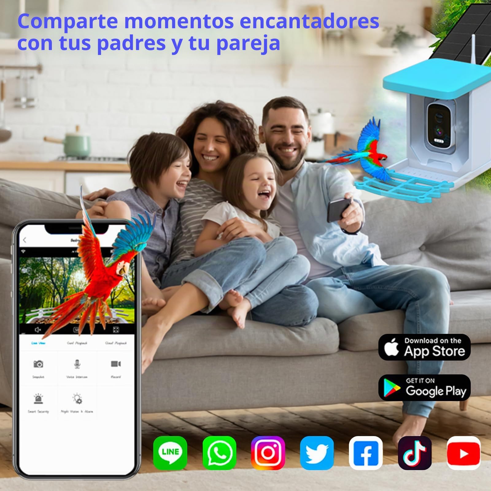 Casita para Pájaros con Cámara, Nido con Cámara | Comedero con Grabación de Vídeo, Dispensador Inteligente WiFi con Panel Solar y Reconocimiento de aves AI