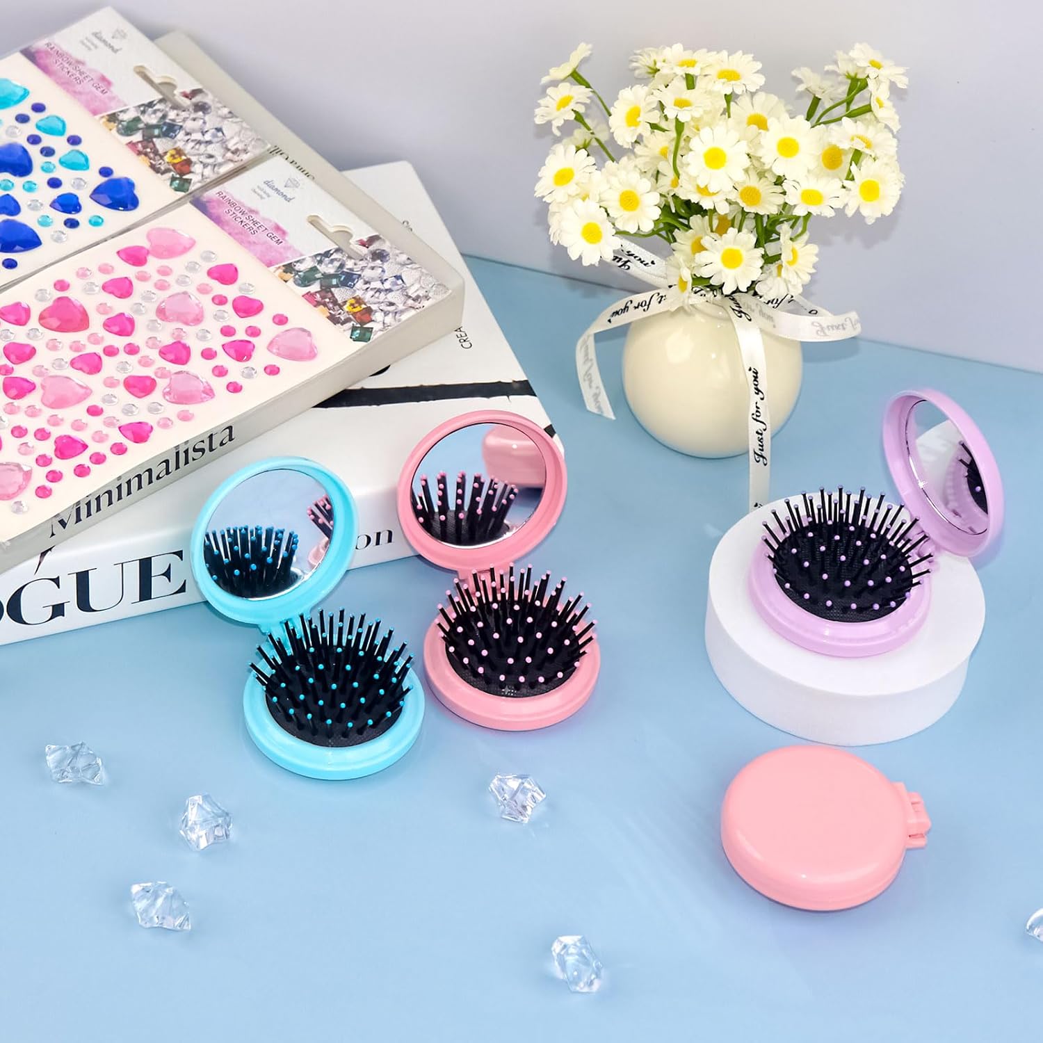 4 Colors Folding Mirror Hairbrush, 2 in 1 Compact Pocket Mirror Comb with DIY Stickers, Round Mini Pocket Makeup Mirror for Travel Women Girls (20 Pcs)