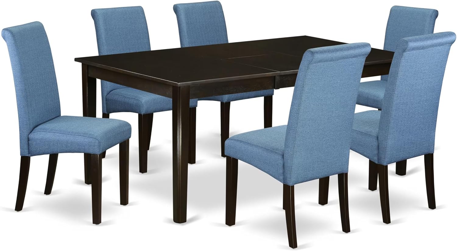 East West Furniture HEBA7-CAP-21 7 Piece Dining Set Consist of a Rectangle Dining Room Table with Pedestal and 6 Blue Color Linen Fabric Upholstered Chairs, 42x72 Inch, Cappuccino