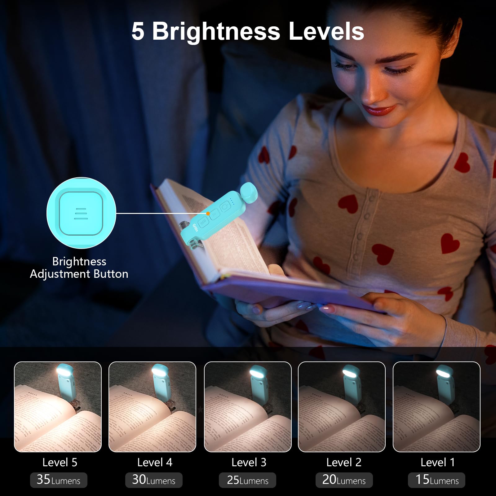 Gritin Rechargeable Book Light for Reading in Bed with Memory Function-Mini Portable, Eye Caring 3 Colors, Dimmable Brightness, Long Lasting Compact Cute Clip on Light for Book Lovers-Blue