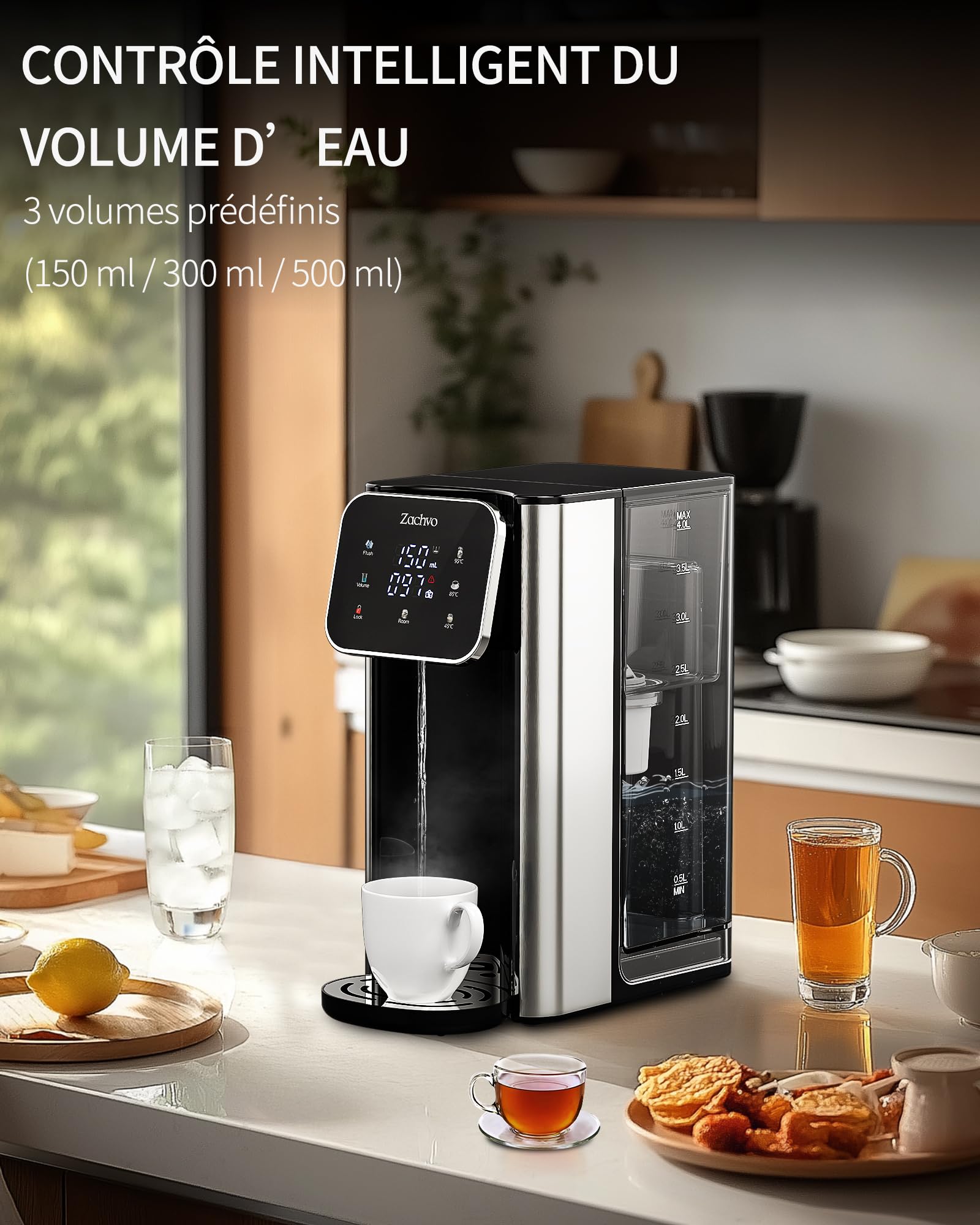 Distributeur d'eau chaude UR05-2200W – Eau chaude en quelques secondes, 4 niveaux de température & 3 volumes d’eau, réservoir 4L, compact, filtre à charbon actif, pour cuisine & bureau
