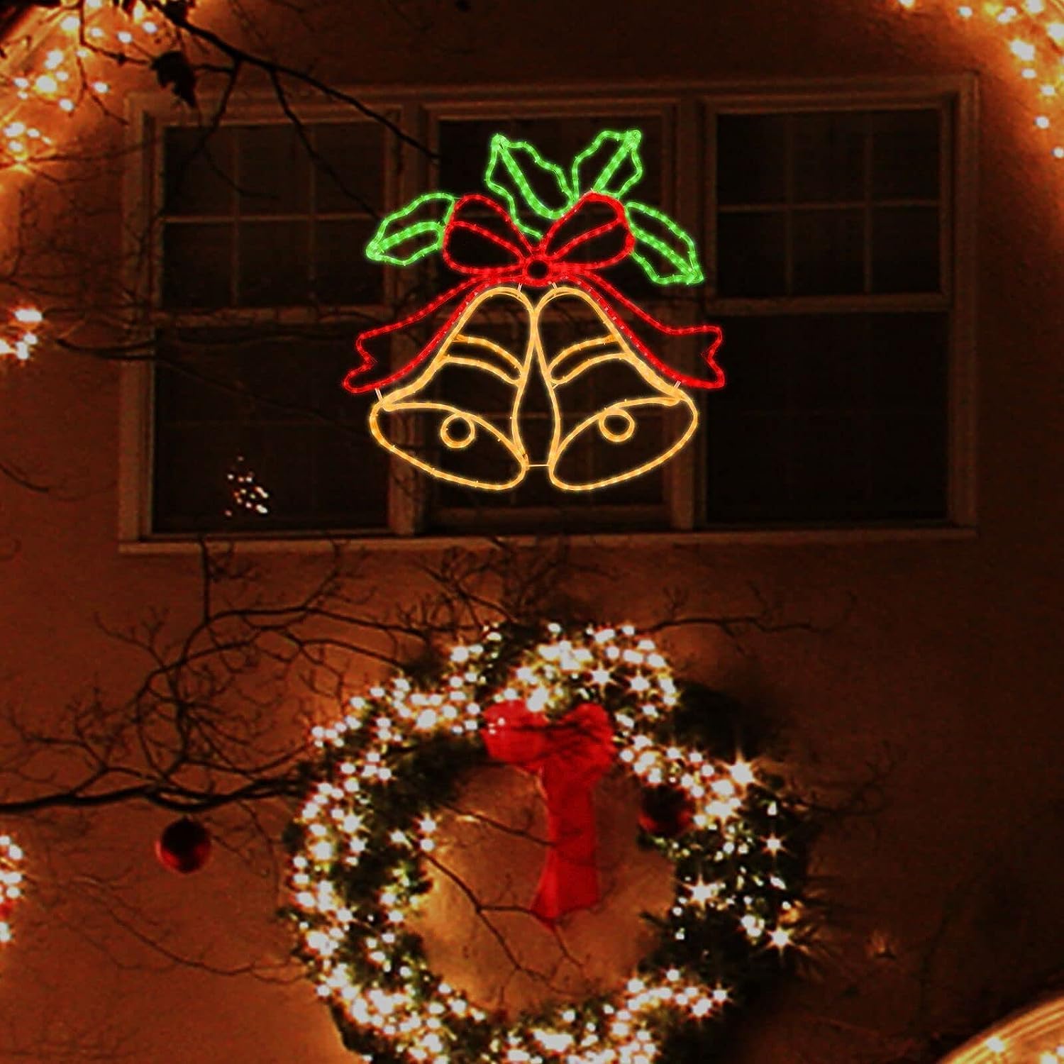 [Large 33"x31" Animation 438 LED Bell Neon Motif Super-Bright Multi LEDs Outdoor Christmas Decoration with 11 Functions and Timer Waterproof for Outdoor Home Party Wall Hanging Holiday