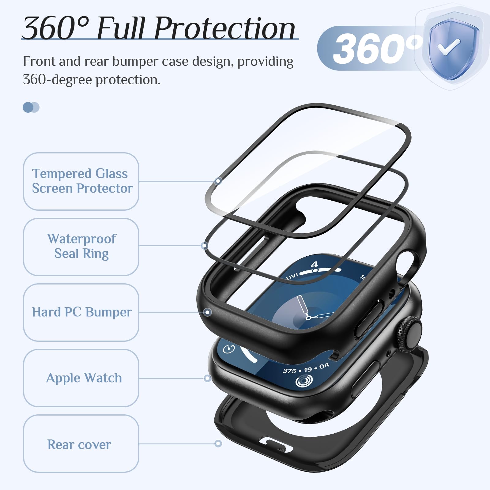 Goton 2 Stück für Apple Watch Displayschutzhülle 45 mm Serie 9/8/7, wasserdichte PC-Stoßstange mit gehärtetem Glas für iWatch 45 mm, 360° volle Abdeckung, stoßfest, kratzfest, einfache Installation