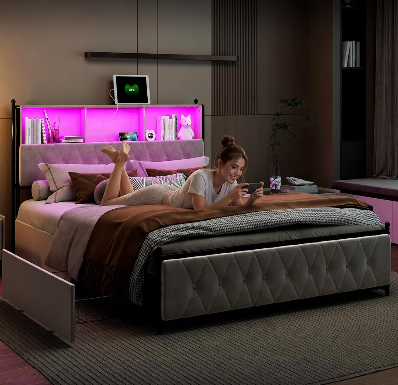 Polsterbett 180x200 cm, Doppelbett mit 4 Schubladen, Stauraumbett 180x200 mit Bettkasten und Lattenrost, Staufach-Kopfteil mit LED und USB Ladestation,Jugendbett Samt Beige, Ohne Matratze
