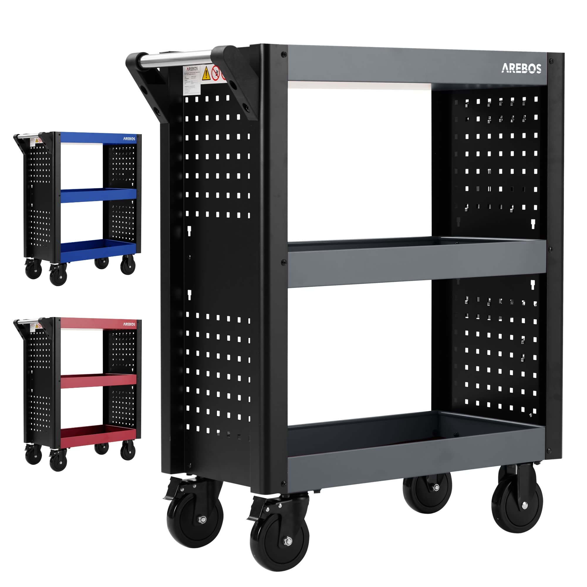 Arebos 3-Compartment Service Trolley | Workshop & Tool Cart | Wheeled Transport & Storage | Multifunctional Shelf | All-Purpose Trolley | Red/Black - View #2