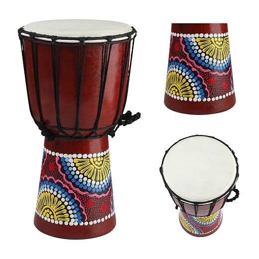 Wood Djembe Drum, 6.5'' x 12''Carved Mahogany African Drums with Goatskin Drumhead, West African Styled Professional Djembe Hand Drum Musical Instruments for Adults Beginners