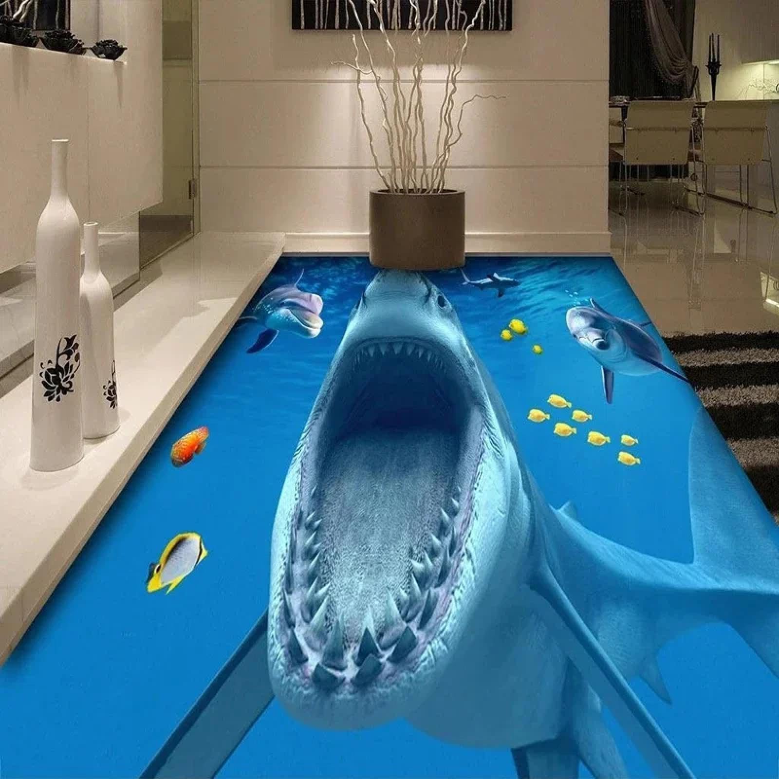 Samoprzylepna tapeta z płytek podłogowych 3D, niebieski ocean rekin sypialnia łazienka sztuka dekoracja mural