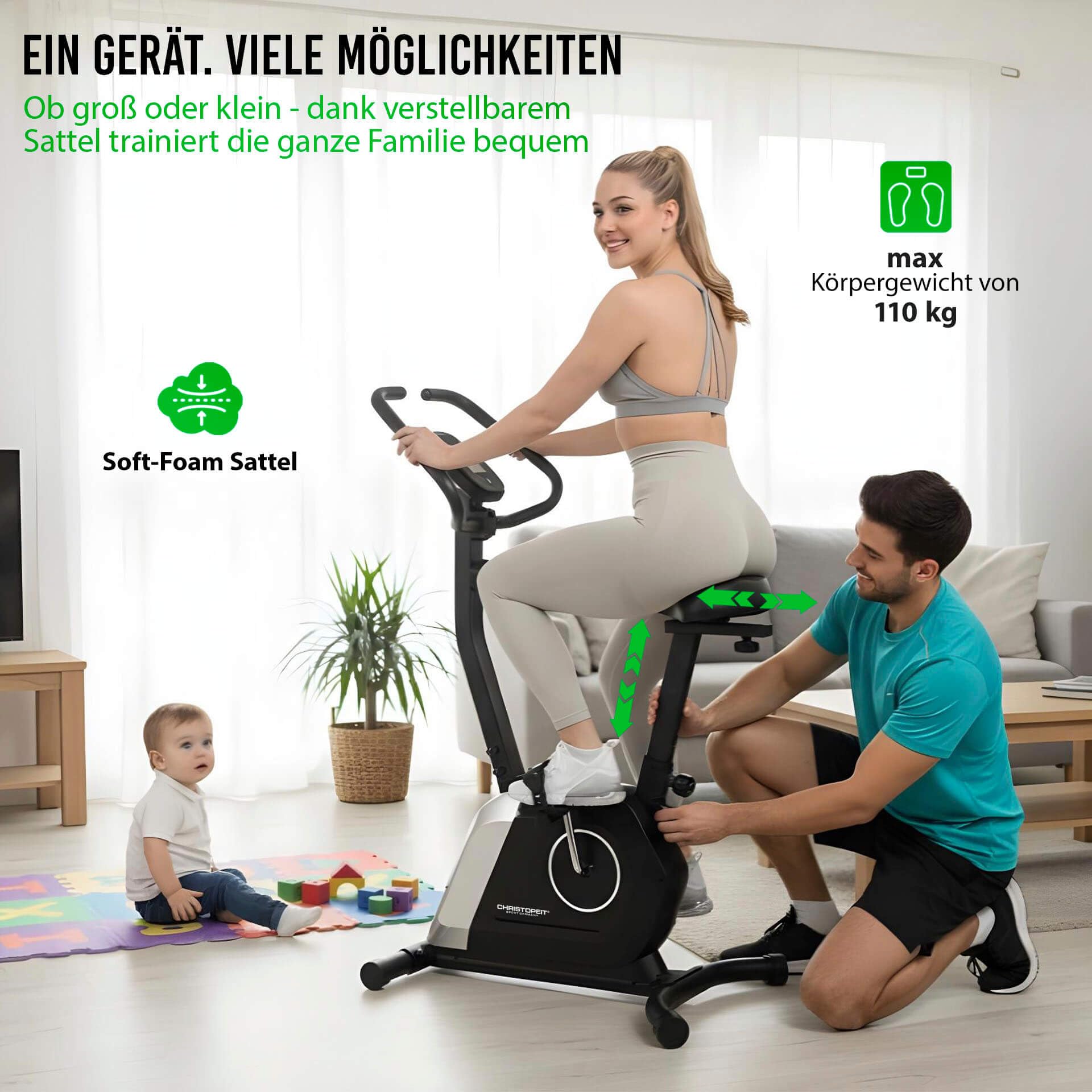 Christopeit Heimtrainer „Activ“ – leises Fitnessbike mit Magnetbremse, 14 Widerstandsstufen, LCD-Display, Pulsmessung & Tablet-Halterung