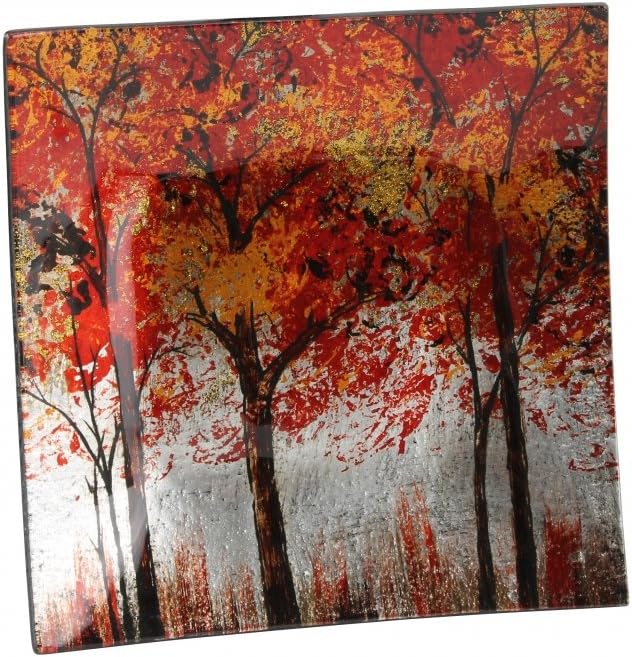 GOLDEN AUTUMN LEAVES - Square AUTUMN LEAVES Decorative Glass Lacquerware Plate / Dish - 19cm