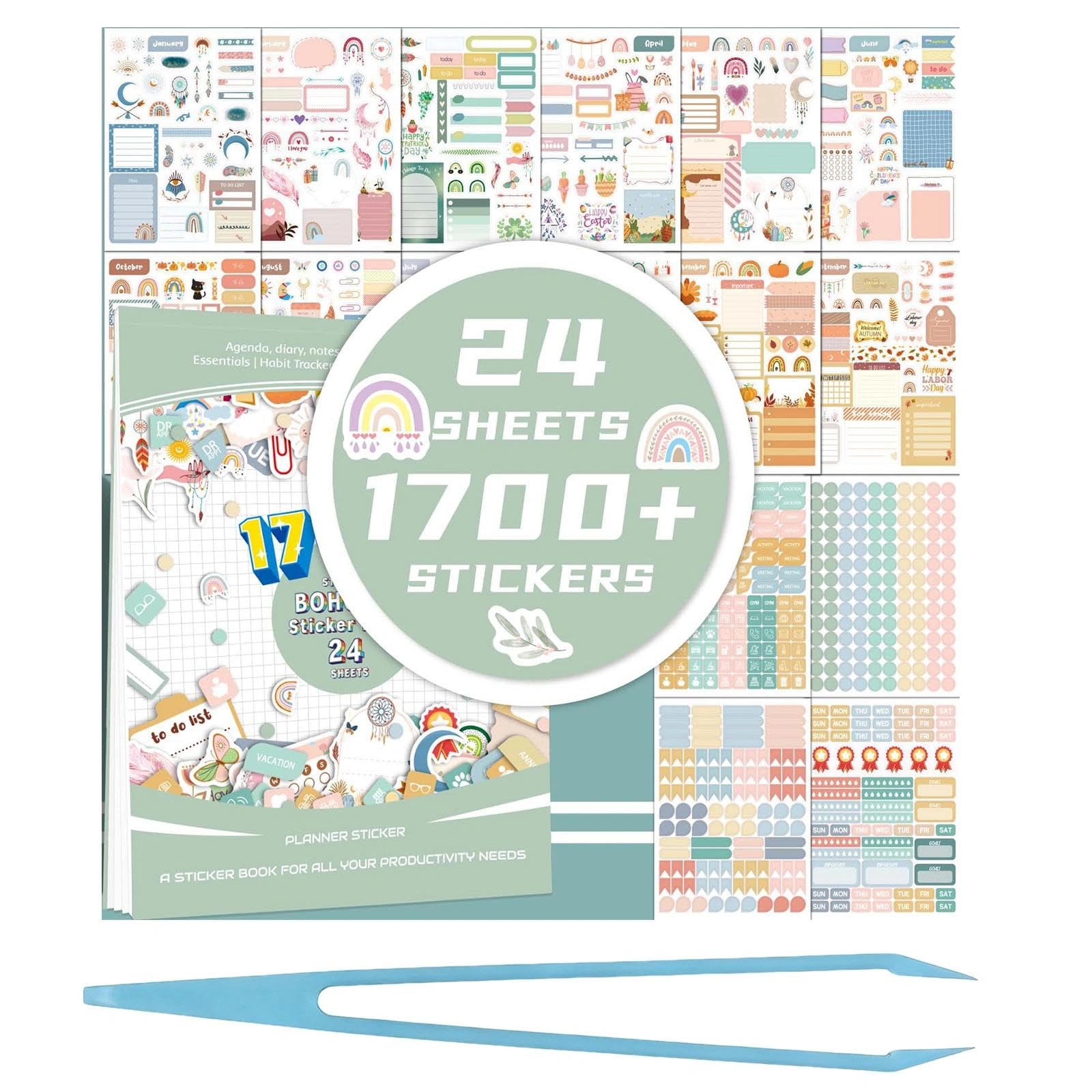 Vetin Colorful 24 Sheets Of Bohemian Planner Stickers For Adults, 1700+ Stickers For Scrapbooking, Journaling, Planners, Diaries, Bullet Journals, Calendars & Wall Organisers, Creative Planning & Decoration