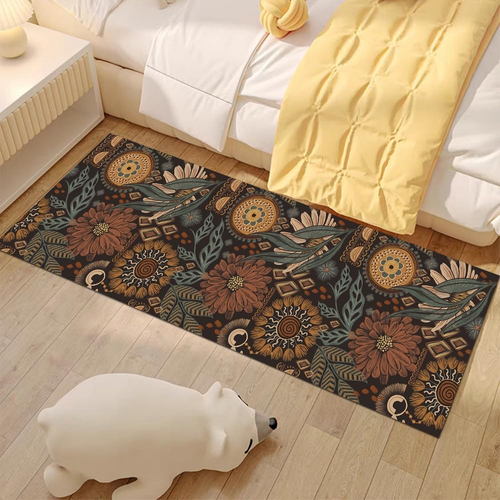 Reateforin William Morris Vintage Floral Area Rugs Boho Runner Rug Brown Orange Black Washable Kitchen Rug Non Slip Soft Area Rug Bedside Rug for