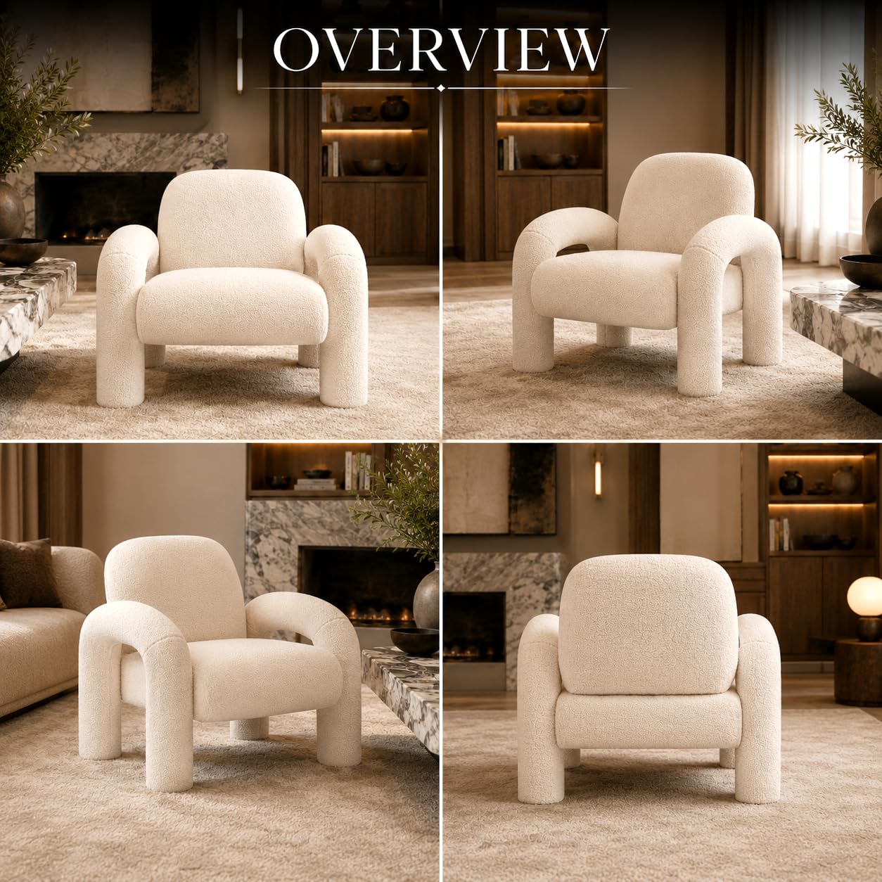 Sessel Loungesessel Einzelsofa aus Boucle Lia - Einzelsessel Armlehnstuhl Polsterstuhl Sofa bis 120kg - eleganter Armsessel Loungesofa Relaxsessel für Wohnzimmer Schlafzimmer (Weiß)