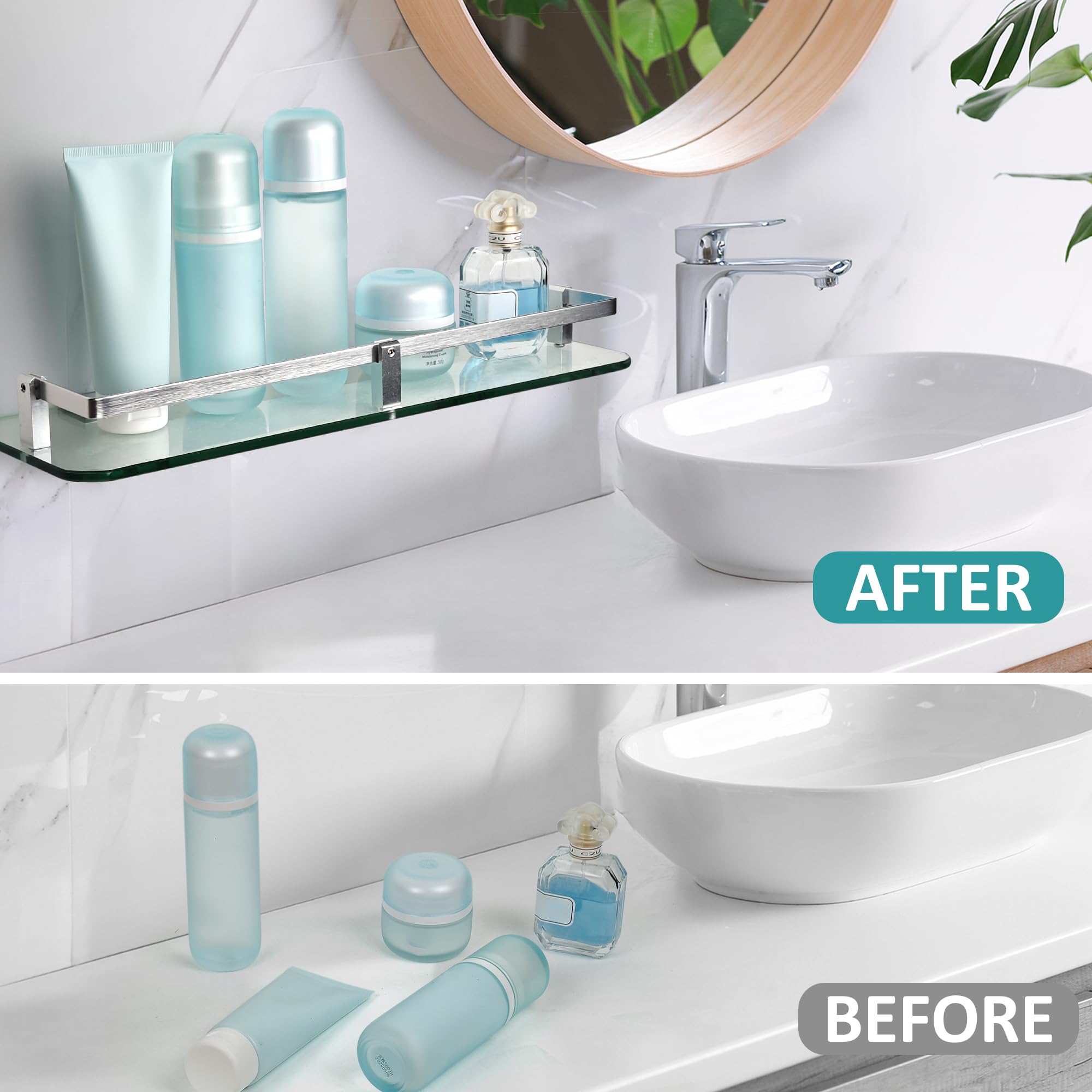 WENLISELL Wall Mounted Bathroom Glass Shelves, 40cm Tempered Glass Bathroom Shelf with Rail, 6mm Extra-Thick Bathroom Shelf - Image 3