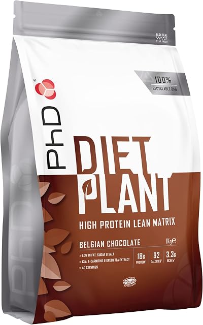 PhD Diet Plant, low sugar Vegan Protein Powder - Belgian Chocolate Flavour - 1Kg, 40 Servings - 100% recyclable packaging- vegan society approved with added probiotics