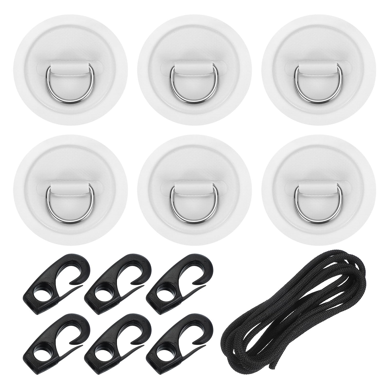 PATIKIL D-Ring Patch, 6 Pcs Stainless Steel D-Ring PVC Patch Pad No Glue Include with 8.2ft Elastic Cords and Hooks for Inflatable Boat Paddle Board Canoe Surfboard, White
