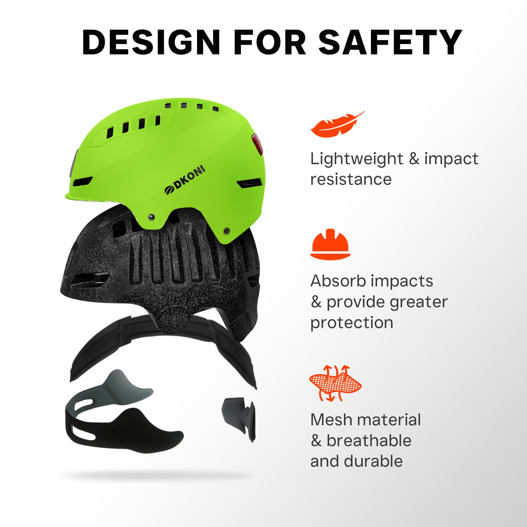 DKONI Casque de vélo avec lumières LED - Casque de vélo Rechargeable par USB - avec lumière LED Avant et arrière - pour Homme et Femme
