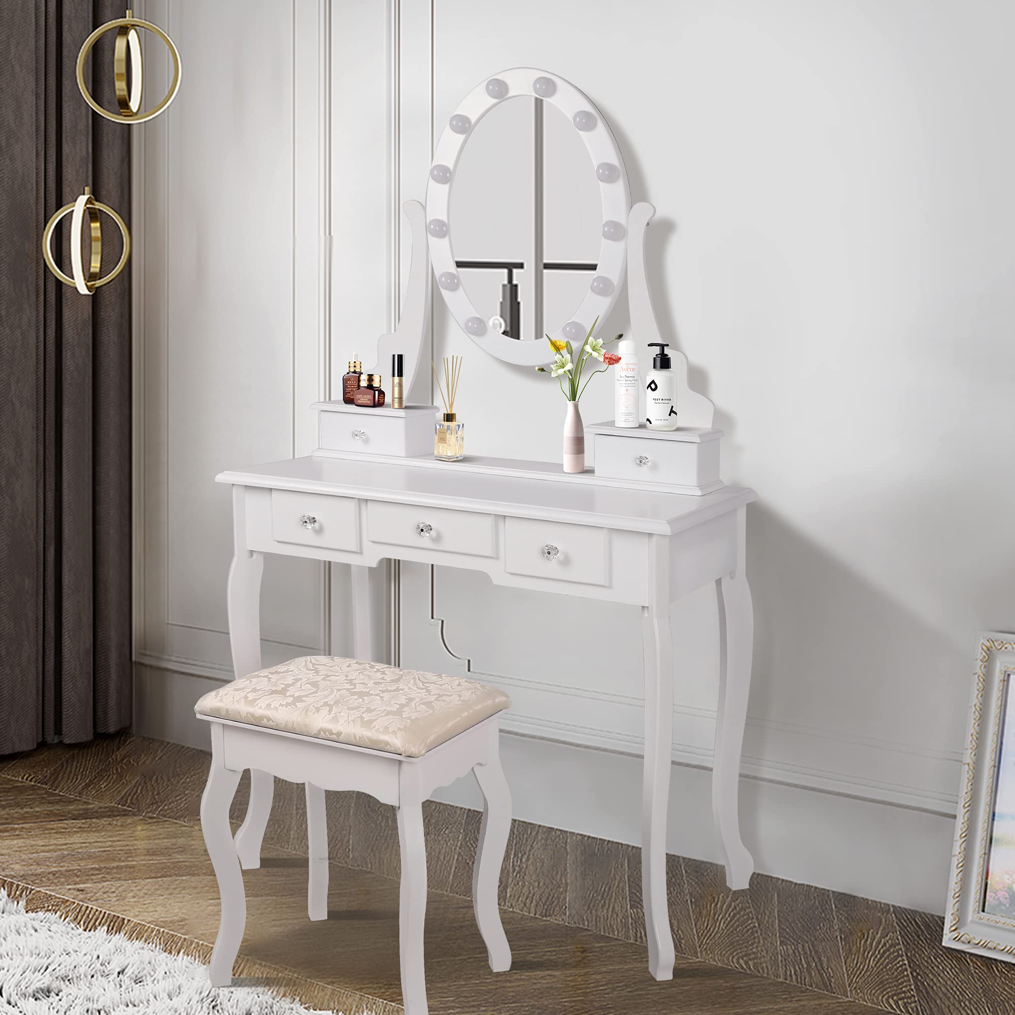 ML-Design Tavolo Cosmetico con Illuminazione a LED da Trucco Toletta Bianco con Sgabello Confortevole in Ecopelle con Specchio e 5 Cassetti 75 x 140 x 40 cm Tavolino Make-up in Legno MDF