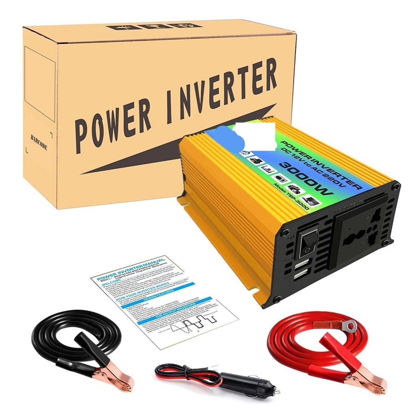 Modyfikowany falownik sinusoidalny 3000 W 12 V falownik Czysty sinus Czysty sinus Przetwornica Fala Inwerterowa,Szybkie i wydajne ładowanie(3000W Yellow)