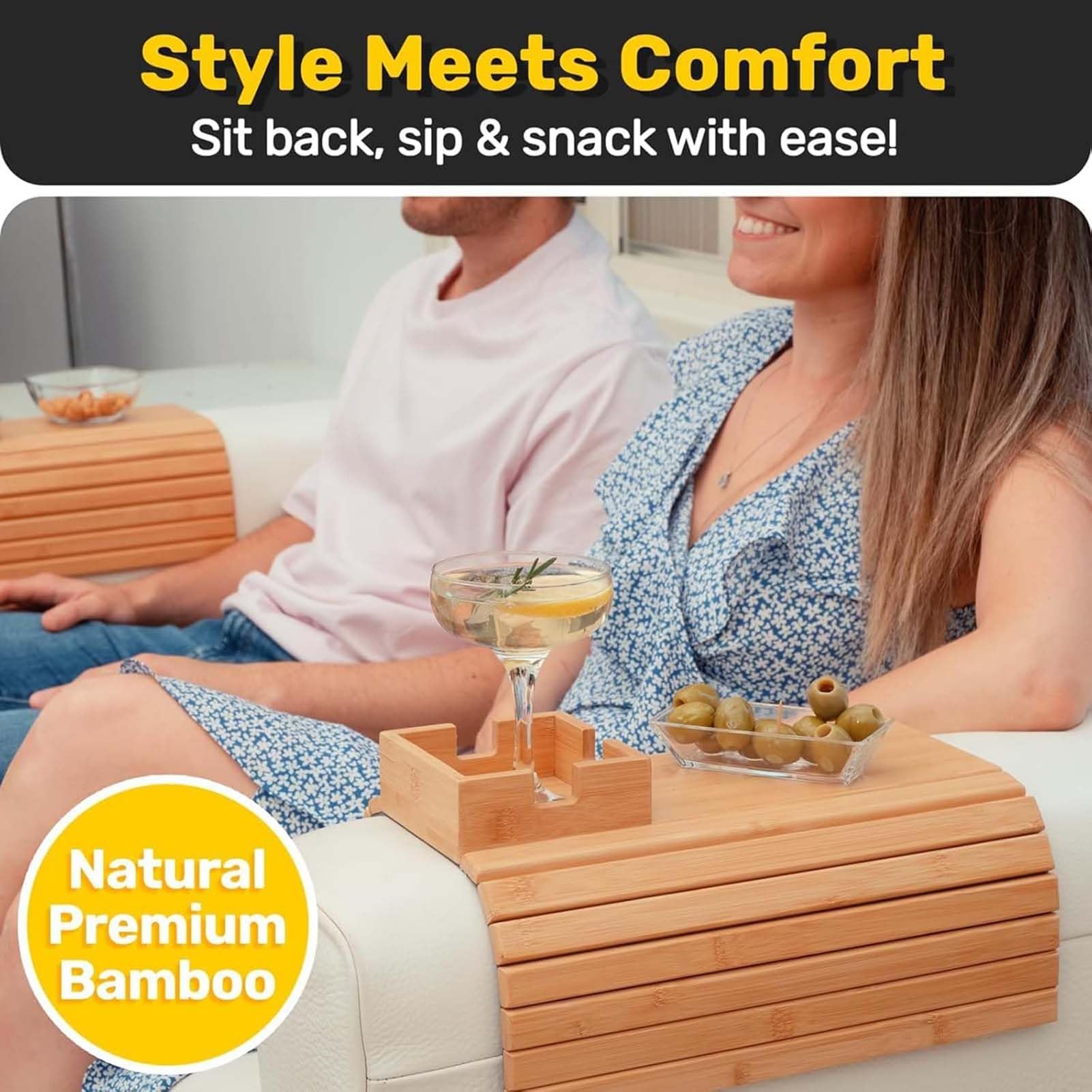 Soporte para tazas y bandeja para brazos, accesorio de sofá de madera antideslizante 2 en 1 para aperitivos, mandos a distancia, teléfono celular, perfecto compañero de sofá